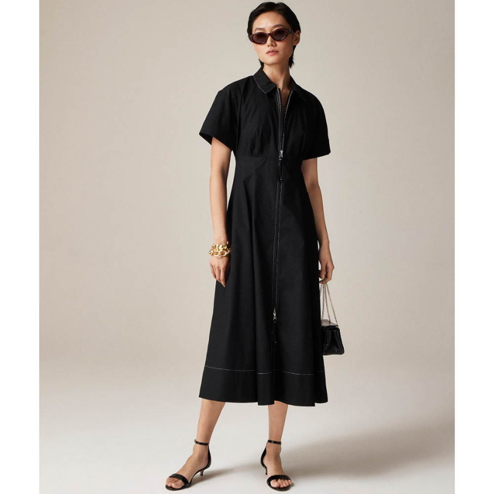 J.Crew Zip-Up Shirt-Dress Sz 12 Black Cotton Poplin Short Sleeve Contrast Stitch